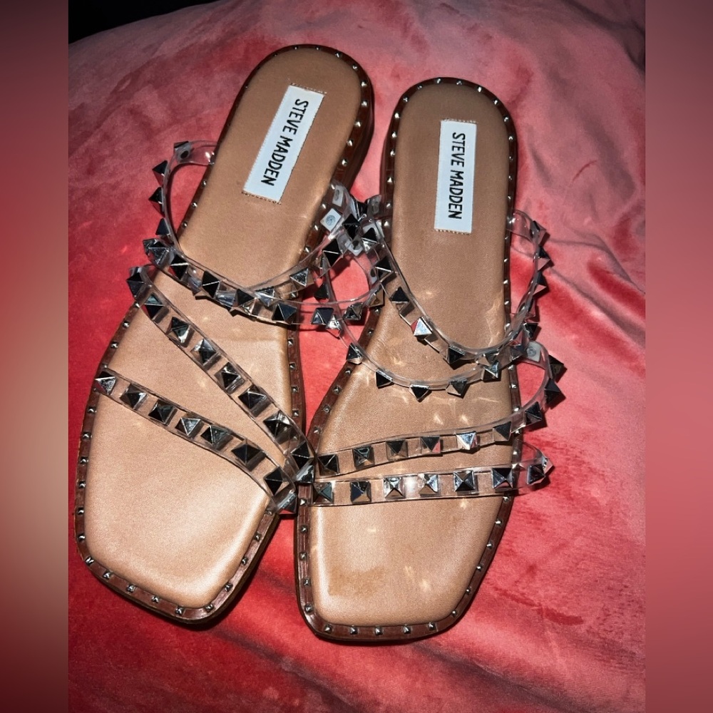 Steve Madden Skyler Clear Strap Studded Slide Sandals
